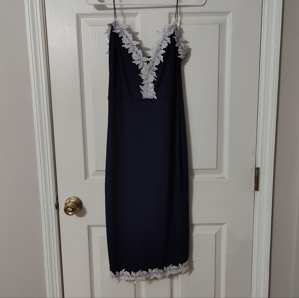 navy bodycon dress with lace detail